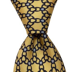 HERMES Neck Tie Yellow with Navy Geometric + Blue Accents